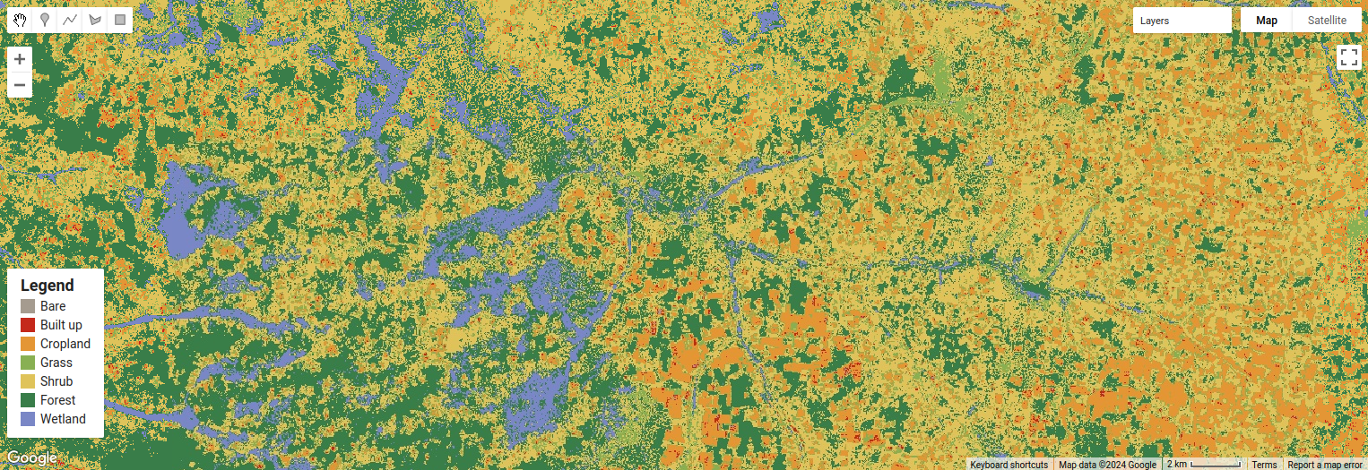 Land cover map with a legend for bare, built up, cropland, grass, shrub, forest, and wetland